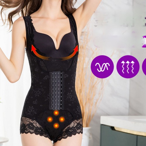 Elegant Waist Slimming Lace Floral Shapewear Bodysuit - Black image