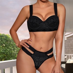  Luxury Two Pieces Bralette Lace Nightwear Bra & Panty Set - Black