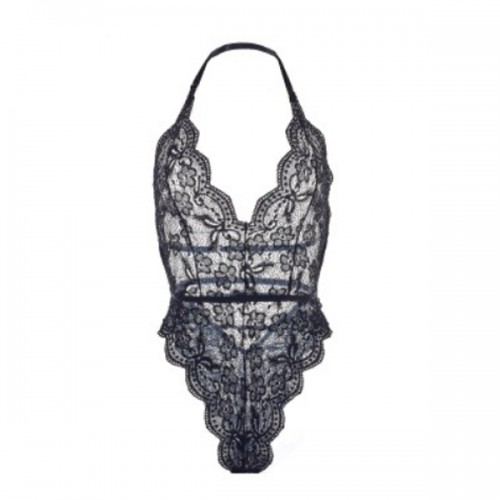 Hollow Out Halter Neck Lace Nighties Lingerie Bodysuit - Black image