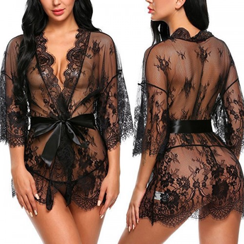 Luxury Mesh Cardigan Nightgown Baby Doll Nightwear - Black image