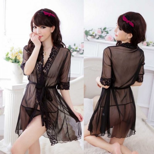 Transparent Knotted Mesh Lace Women Lingerie Nightwear - Black image