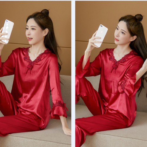 Two Piece Long Sleeve Pajamas V Neck Silk Stain Nightwear - Red image