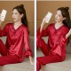 Two Piece Long Sleeve Pajamas V Neck Silk Stain Nightwear - Red image