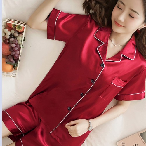 Solid Color Lapel Collar Cardigan Short Sleeve Nightwear Set - Red image
