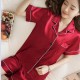 Solid Color Lapel Collar Cardigan Short Sleeve Nightwear Set - Red image