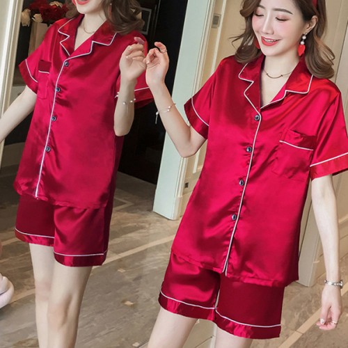 Solid Color Lapel Collar Cardigan Short Sleeve Nightwear Set - Red image