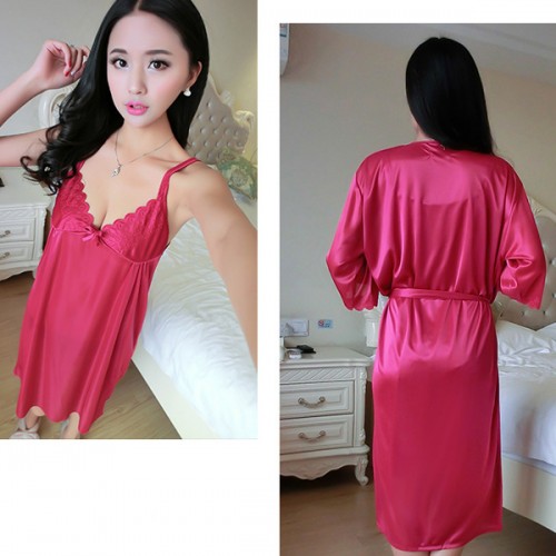 Half Sleeve Knotted Midi Skirt V Neck Lace Sling Nightwear - Red image