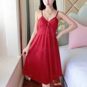 Leisure Style Lace Stripy Sleeveless Plunge Neck Skirted Nightwear - Red