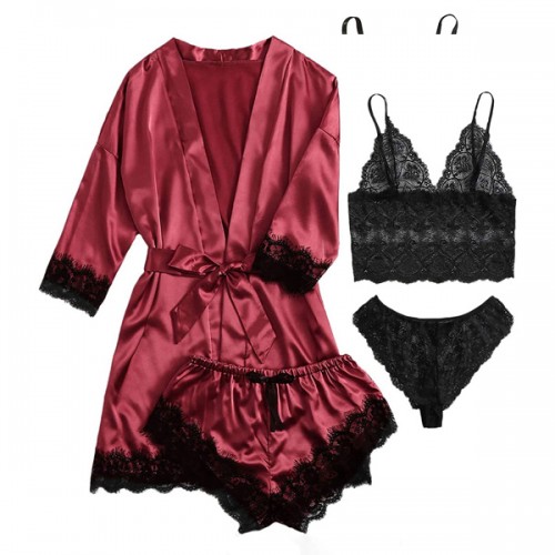 Silk Satin Knotted Pajamas Set 4pcs Lace Floral Nightwear - Red image