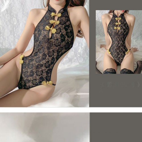 Neck Split Hollow Flora Lace Hanging Underwear Bodysuit - Black image