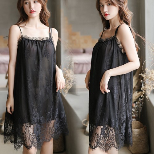 Camisole Women Lace Detailed Lingerie Gown Nightdress - Black image