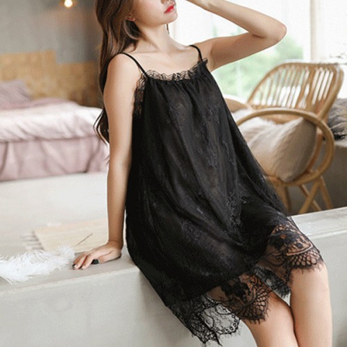 Camisole Women Lace Detailed Lingerie Gown Nightdress - Black image
