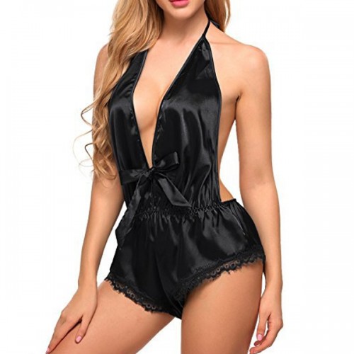 Deep V Neck Sleeveless Nighty Women Shapewear Bodysuit - Black image