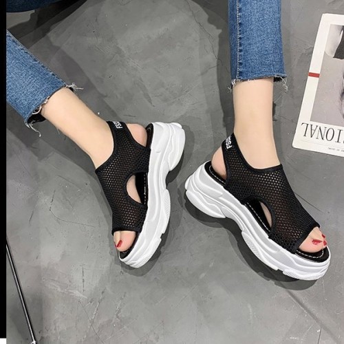 Platform Hollows Out Detail Velcro Open Toe Sports Sandals - Black image