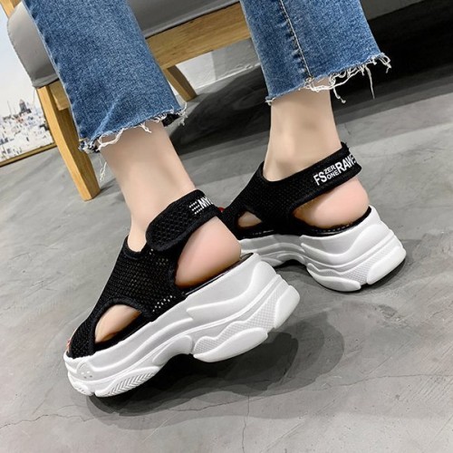 Platform Hollows Out Detail Velcro Open Toe Sports Sandals - Black image