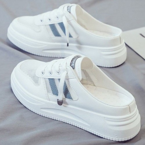 Breathable Canvas Open Heels Slip On Flat Lace Up Sneakers - Blue image