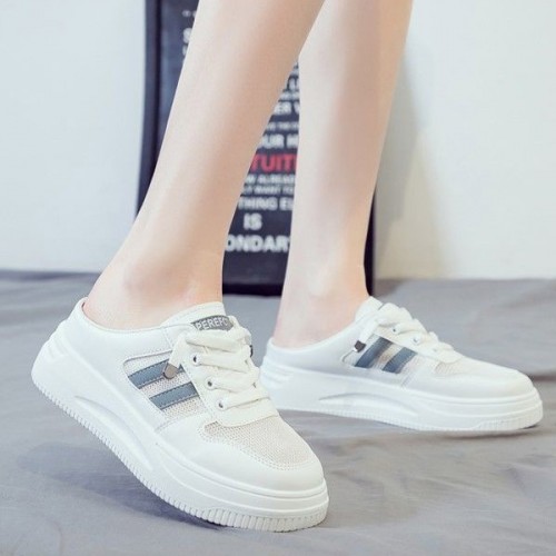 Breathable Canvas Open Heels Slip On Flat Lace Up Sneakers - Blue image