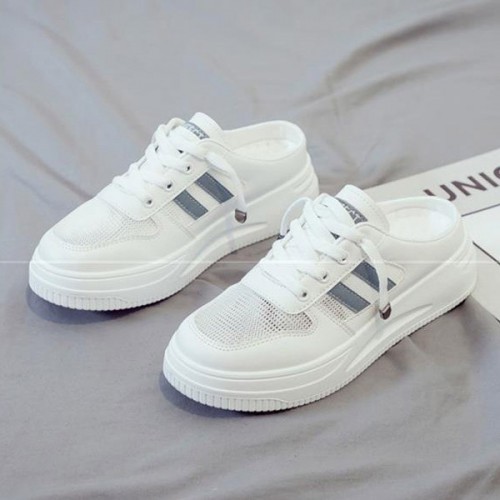 Breathable Canvas Open Heels Slip On Flat Lace Up Sneakers - Blue image