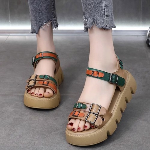 Roman Style Thick Bottom Buckle Closure Straps Sandals - Green image