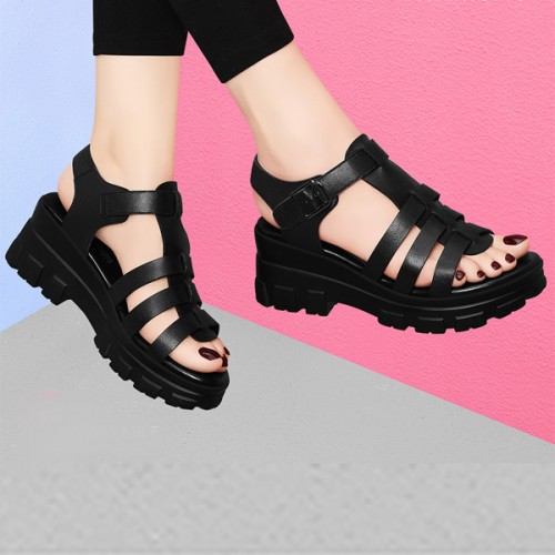 Platform Thick Bottom Buckle Closure Strappy Wedge Sandals - Black image
