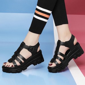 Platform Thick Bottom Buckle Closure Strappy Wedge Sandals - Black