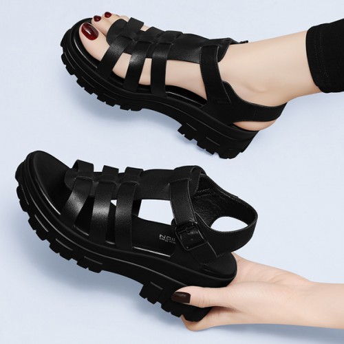 Platform Thick Bottom Buckle Closure Strappy Wedge Sandals - Black image