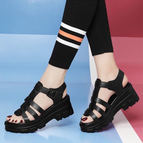 Platform Thick Bottom Buckle Closure Strappy Wedge Sandals - Black image
