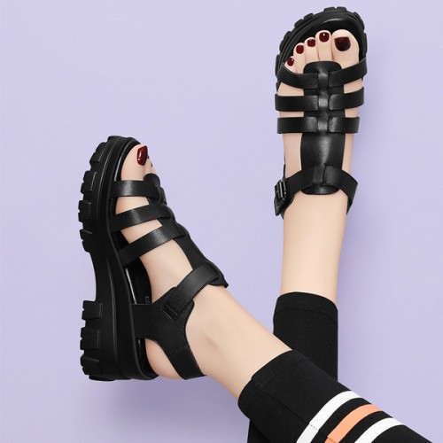 Platform Thick Bottom Buckle Closure Strappy Wedge Sandals - Black image