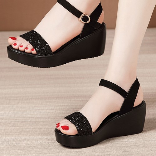 Sequin Platform Thick Bottom Strappy Women Sandals - Black image