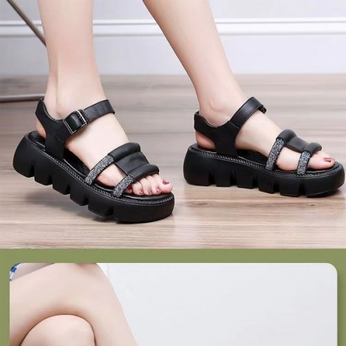Roman Style Sequin Buckle Strappy Fish Mouth Women Sandals - Black image