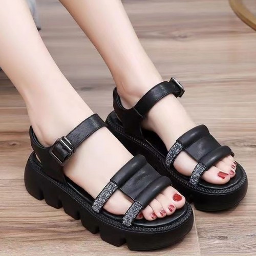 Roman Style Sequin Buckle Strappy Fish Mouth Women Sandals - Black image