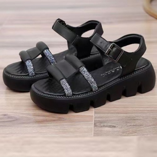 Roman Style Sequin Buckle Strappy Fish Mouth Women Sandals - Black image