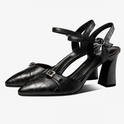 Strappy Buckle Closure Pointed Toe Party High Heel Sandals - Black image