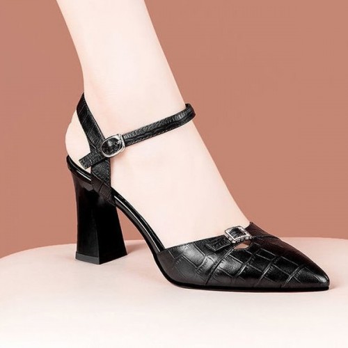 Strappy Buckle Closure Pointed Toe Party High Heel Sandals - Black image