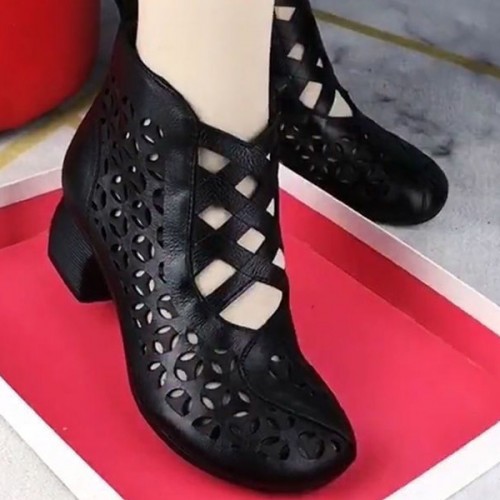 High Top Back Zipper Non-slip Hollow Out Soft Sole Casual Shoes - Black image