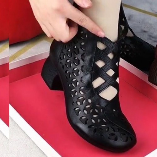High Top Back Zipper Non-slip Hollow Out Soft Sole Casual Shoes - Black image