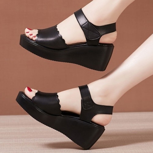 Sporty Velcro Closure Soft Sole Strappy Open Toe Wedge Sandals - Black image