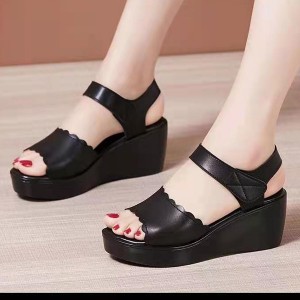 Sporty Velcro Closure Soft Sole Strappy Open Toe Wedge Sandals - Black