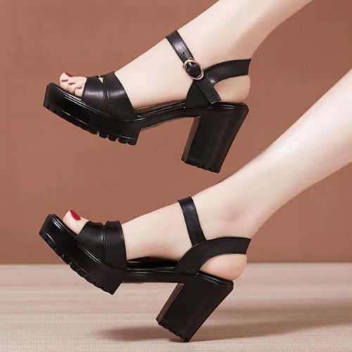 Grace Style Ankle Buckle Strap Fish Mouth Soft High Heel Sandals - Black image