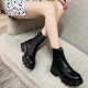 Solid Sewing Thread Lace-up Side Zipper Mid Tube Chunky Boots - Black image