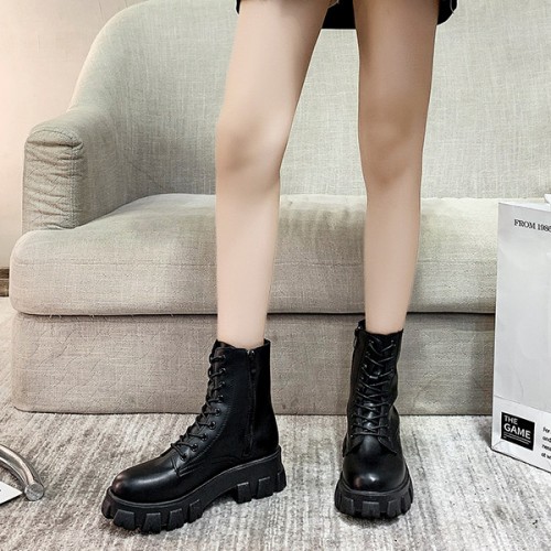 Solid Sewing Thread Lace-up Side Zipper Mid Tube Chunky Boots - Black image