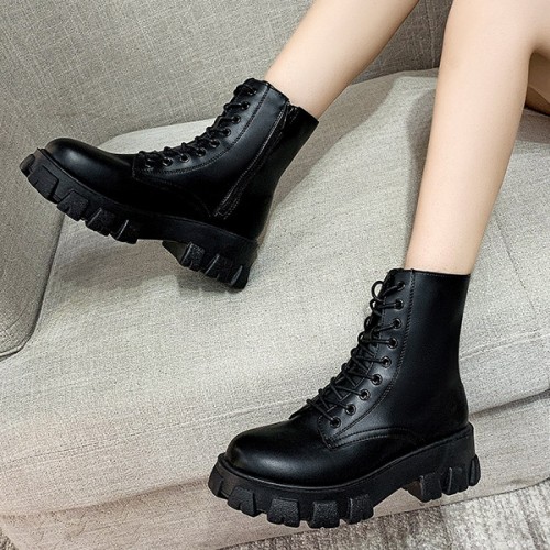 Solid Sewing Thread Lace-up Side Zipper Mid Tube Chunky Boots - Black image