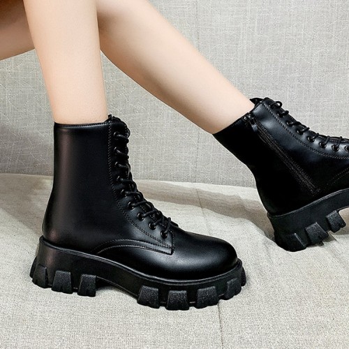 Solid Sewing Thread Lace-up Side Zipper Mid Tube Chunky Boots - Black image