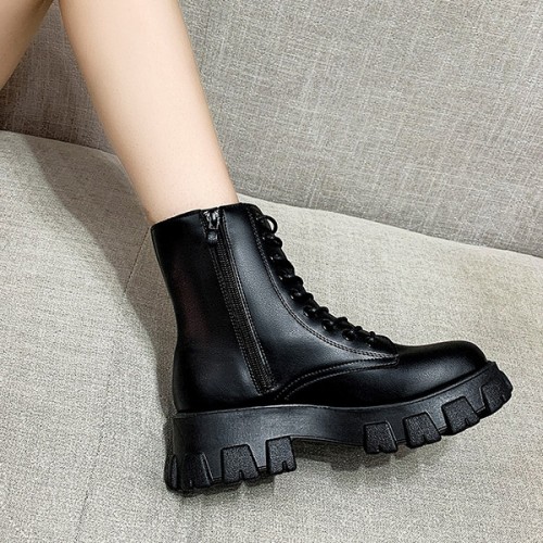 Solid Sewing Thread Lace-up Side Zipper Mid Tube Chunky Boots - Black image