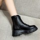 Solid Sewing Thread Lace-up Side Zipper Mid Tube Chunky Boots - Black image