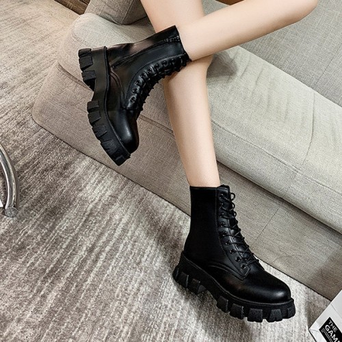 Solid Sewing Thread Lace-up Side Zipper Mid Tube Chunky Boots - Black image