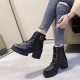 Soft Sole High Top Belt Buckle Laces Chunky Heel Short Boots - Black image