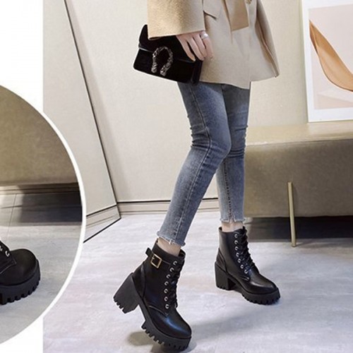 Soft Sole High Top Belt Buckle Laces Chunky Heel Short Boots - Black image