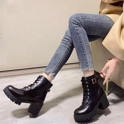Soft Sole High Top Belt Buckle Laces Chunky Heel Short Boots - Black image