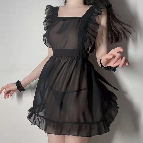 Convenient Ruffle Squire Neck See Through Women Nightwear - Black image